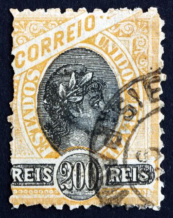 BRAZIL - CIRCA 1894: a stamp printed in the Brazil shows Liberty Head, Allegory, circa 1894のeditorial素材