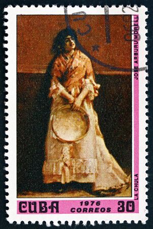 CUBA - CIRCA 1976: a stamp printed in Cuba shows La Chula, painting by Jose Arburu Morell, Cuban artist, circa 1976のeditorial素材