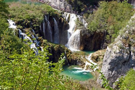 PLITVICE, CROATIA - APRIL 29, 2018: Summer landscape with beautiful waterfalls in the Plitvice Lakes in Croatiaのeditorial素材