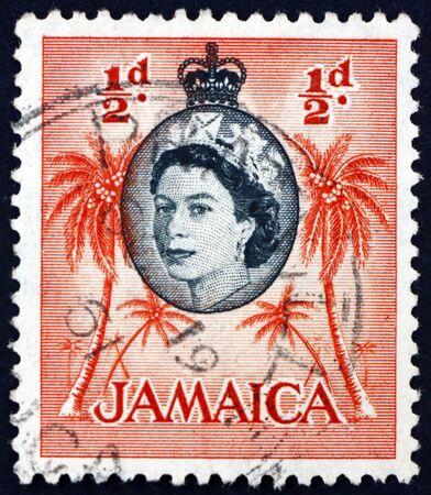 JAMAICA - CIRCA 1956: a stamp printed in Jamaica shows palm trees, circa 1956のeditorial素材