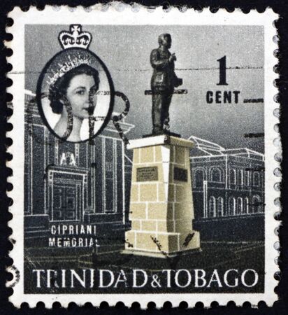 TRINIDAD AND TOBAGO - CIRCA 1960: a stamp printed in Trinidad and Tobago shows Cipriani memorial, Port-of-Spain, Cipriani was a Trinidad and Tobago labour leader and politician, circa 1960のeditorial素材