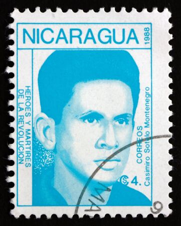 NICARAGUA - CIRCA 1988: a stamp printed in Nicaragua shows Casimiro Sotelo Montenegro, hero of the revolution, circa 1988のeditorial素材