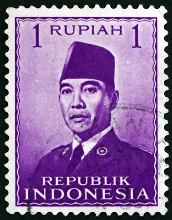 INDONESIA - CIRCA 1951: a stamp printed in Indonesia shows President Sukarno, 1st President of Indonesia, circa 1951のeditorial素材