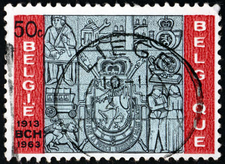 BELGIUM - CIRCA 1963: a stamp printed in Belgium shows development of the mail, bas-relief, postal...
