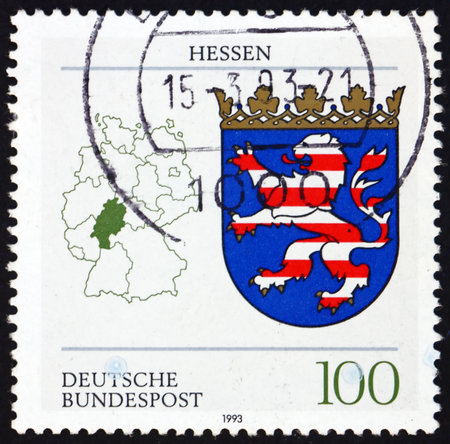 GERMANY - CIRCA 1993: a stamp printed in Germany shows Coat of Arms of Hessen, State of the Federal Republic of Germany, circa 1993のeditorial素材