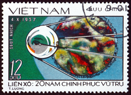 VIETNAM - CIRCA 1978: a stamp printed in Vietnam shows Sputnik, space exploration, circa 1978のeditorial素材