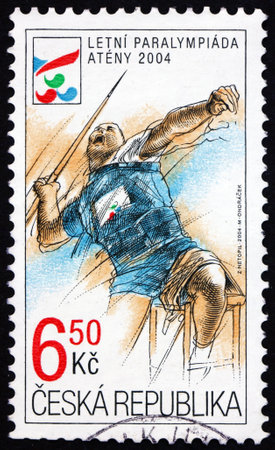 CZECH REPUBLIC - CIRCA 2004: a stamp printed in Czech Republic shows athlete in action, javelin, 2004 Paralympics, Athena, circa 2004のeditorial素材