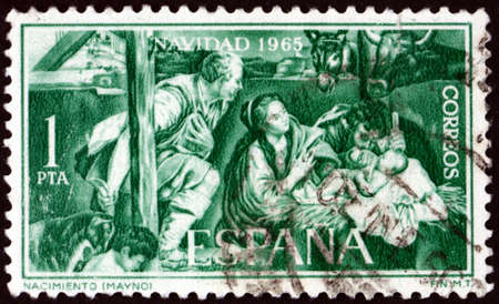 SPAIN - CIRCA 1965: a stamp printed in Spain shows Nativity, painting by Juan Bautista Mayno,...