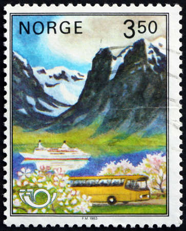 NORWAY - CIRCA 1983: a stamp printed in Norway shows fjord, Nordic Cooperation Issue, circa 1983のeditorial素材