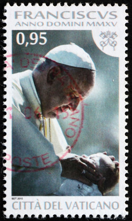 VATICAN - CIRCA 2015: a stamp printed in Vatican shows Pope Francis, the 3rd year of the pontificate of Pope Francis, circa 2015のeditorial素材