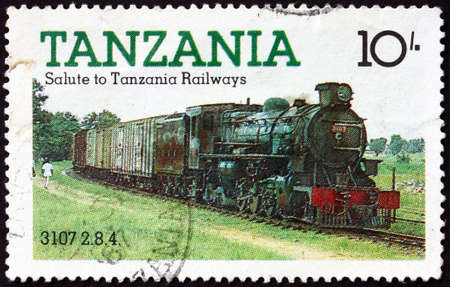 TANZANIA - CIRCA 1985: a stamp printed in Tanzania shows No. 3107, Tanzania Railways Locomotive, circa 1985のeditorial素材