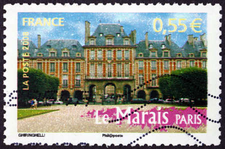 FRANCE - CIRCA 2008: a stamp printed in France shows The Place des Vosges (Place Royale) located in Le Marais (The Marais) district, is the oldest planned square in Paris, circa 2008のeditorial素材