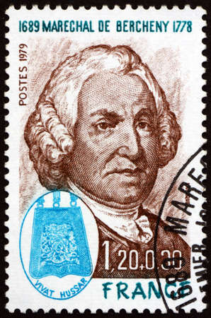 FRANCE - CIRCA 1979: a stamp printed in France shows Ladislas Marshal de Bercheny (1689-1778), was a Hungarian-born soldier who became Marshal of France, circa 1979のeditorial素材