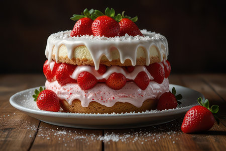 Strawberry cake with cream and fresh strawberries on a wooden backgroundの素材