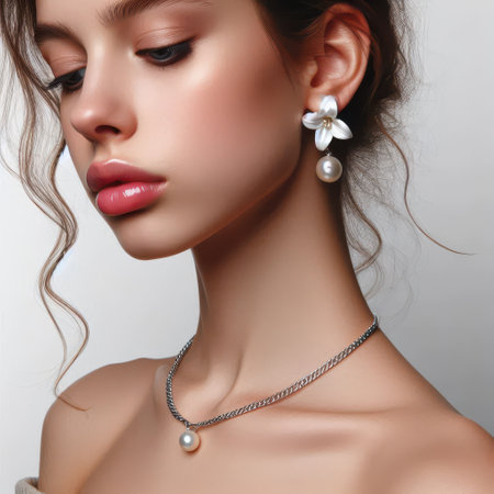 Closeup portrait of beautiful young woman with pearl necklace and earringsの素材