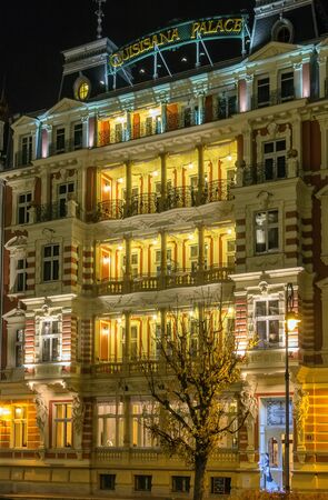 One of hotels in the centre of Karlovy Vary in the eveningのeditorial素材