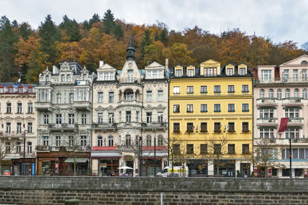 Houses on embankment of Tepla river in Karlovy Varyのeditorial素材