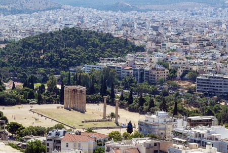 view from the Acropolis on the temple of Olympian Zeus, Athensの写真素材