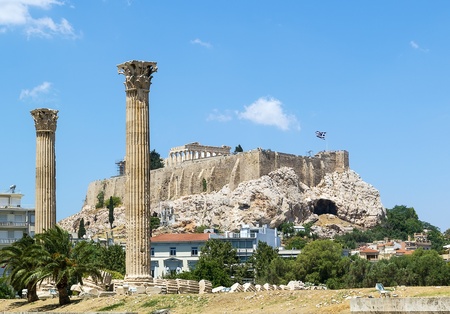 view of the Athenian Acropolis from the temple of Olympian Zeusの写真素材