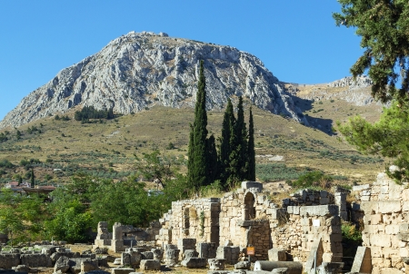 view of fortress Acrocorinth from ancient Corinth, Greeceのeditorial素材