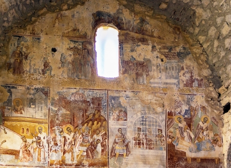 Mystras. Interior and frescos on church walls, Greeceの写真素材