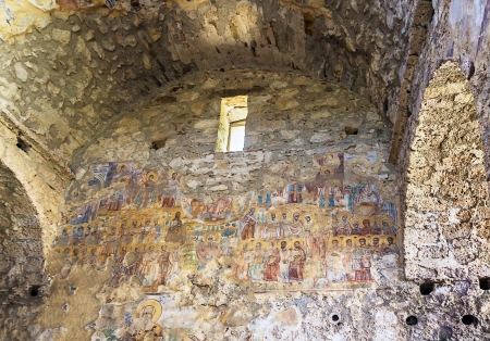 Mystras. Interior and frescos on church walls, Greeceの写真素材
