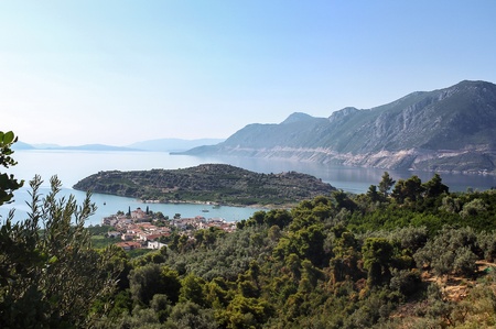 view of the city of Epidavros, gulf and mountains, Greece
