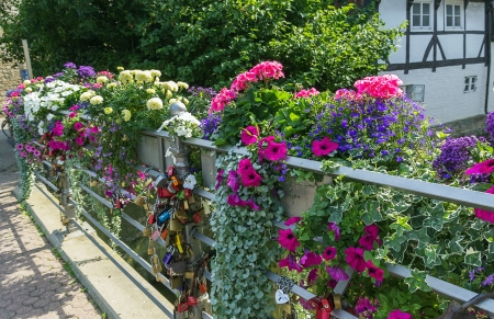 flowers on a bridge fencing via the channel, Wolfenbuttelの写真素材