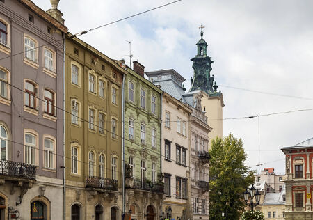 ancient houses on a market square in Lviv, Ukraineの写真素材