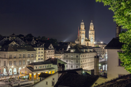Evening. View of Grossmunster church in Zurich, Switzerlandの写真素材