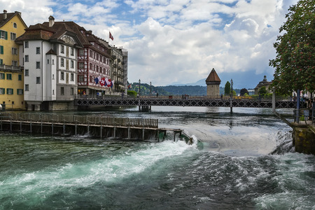 view of Reuss river in Lucerne, Switzerlandの写真素材
