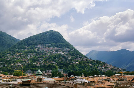 view of Monte Bre mountain and roff of Lugano city, Switzerland