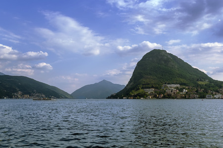 View of Monte San Salvatore and Lugano lake, Switzerlandの写真素材