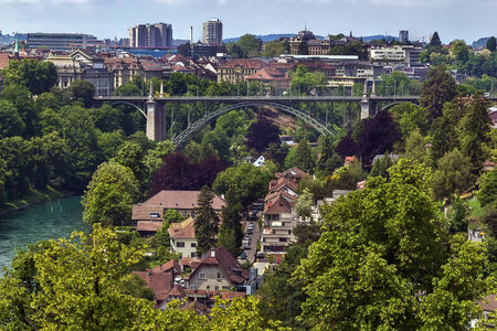 view of Bern old town and  bridge over the Aare river, Switzerlandの写真素材