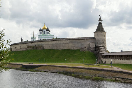 view of Krom or Kremlin in Pskov from Pskova river, Russia