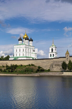 view of Krom or Kremlin in Pskov from Velikaya river, Russiaのeditorial素材