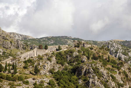 the walls in the mountains above the town of Kotor, Montenegroの写真素材