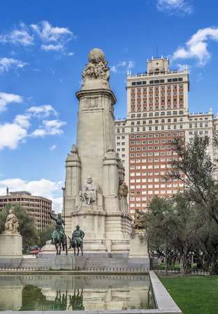 monument to Miguel de Cervantes Saavedra on Plaza de Espana (Spain Square in English), Madrid, Spainのeditorial素材