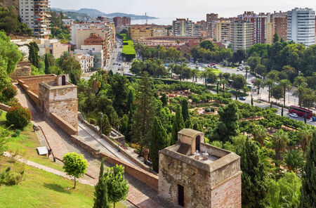 view of Malaga with Plaza de toros from Alcazaba, Spainのeditorial素材