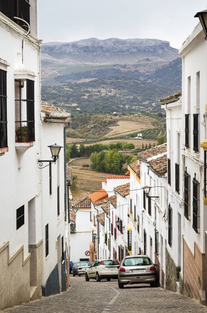 street with historical building in Ronda city center, Spainのeditorial素材
