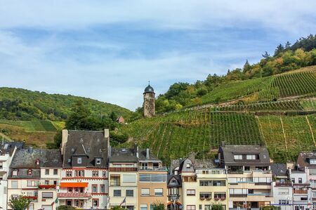 The banks of the Moselle river with vineyard and small town,Germanyのeditorial素材