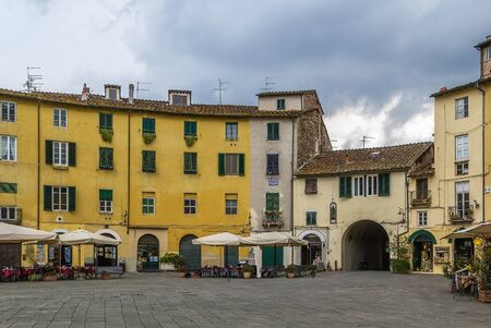 Former a Roman anphitheater, now Piazza Anfiteatro is one of the most famous place in Lucca, Italyの写真素材