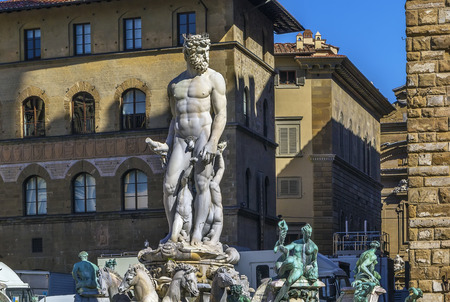 The Fountain of Neptune is a fountain in Florence, Italy, situated on the Piazza della Signoria (Signoria square), in front of the Palazzo Vecchio. The fountain was commissioned in 1565 and is the work of the sculptor Bartolomeo Ammannati.のeditorial素材