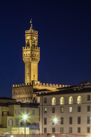 The Palazzo Vecchio (Old Palace) is the town hall of Florence, Italy. Tower in eveningのeditorial素材