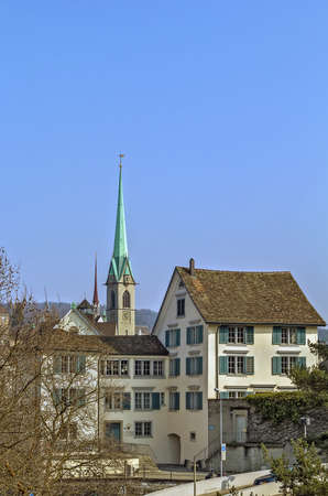 view of Zurich with Predigerkirche tower, Switzerlandの写真素材