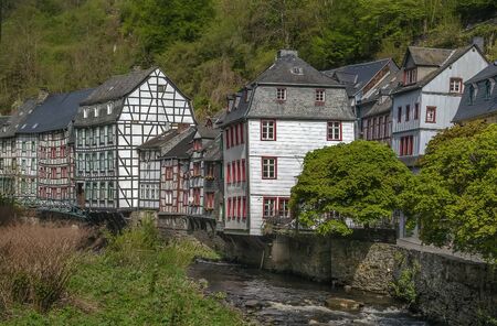 historic houses along the Rur river, Monschau, Germanyのeditorial素材
