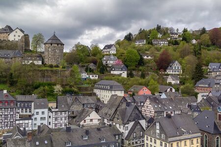 view of Monschau city and castle from the hill top, Germanyのeditorial素材