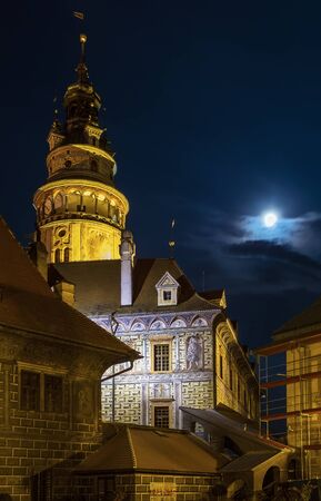 view of Cesky Krumlov castle tower in evening,Czech republicのeditorial素材