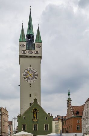 Gothic clock City tower in Straubing city center, Germanyの写真素材