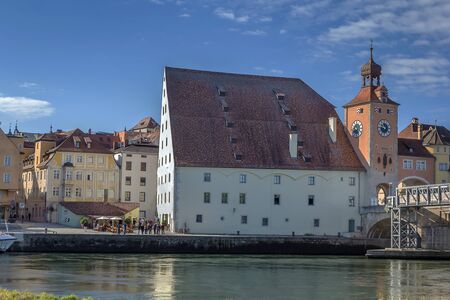 view of old bridge tower and Salt Warehouse from Danube in Regensburg, Germanyの写真素材